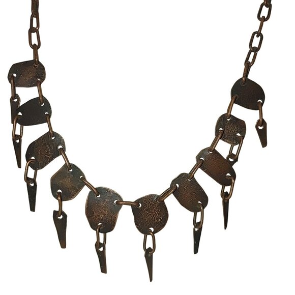 Vintage Brass Bib Necklace Etched Abstract Adjustable Chain Tribal Statement - Picture 1 of 16